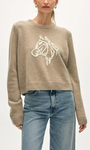 White & Warren CASHMERE BLEND HORSE EMBROIDERED CREW at Romi Boutique