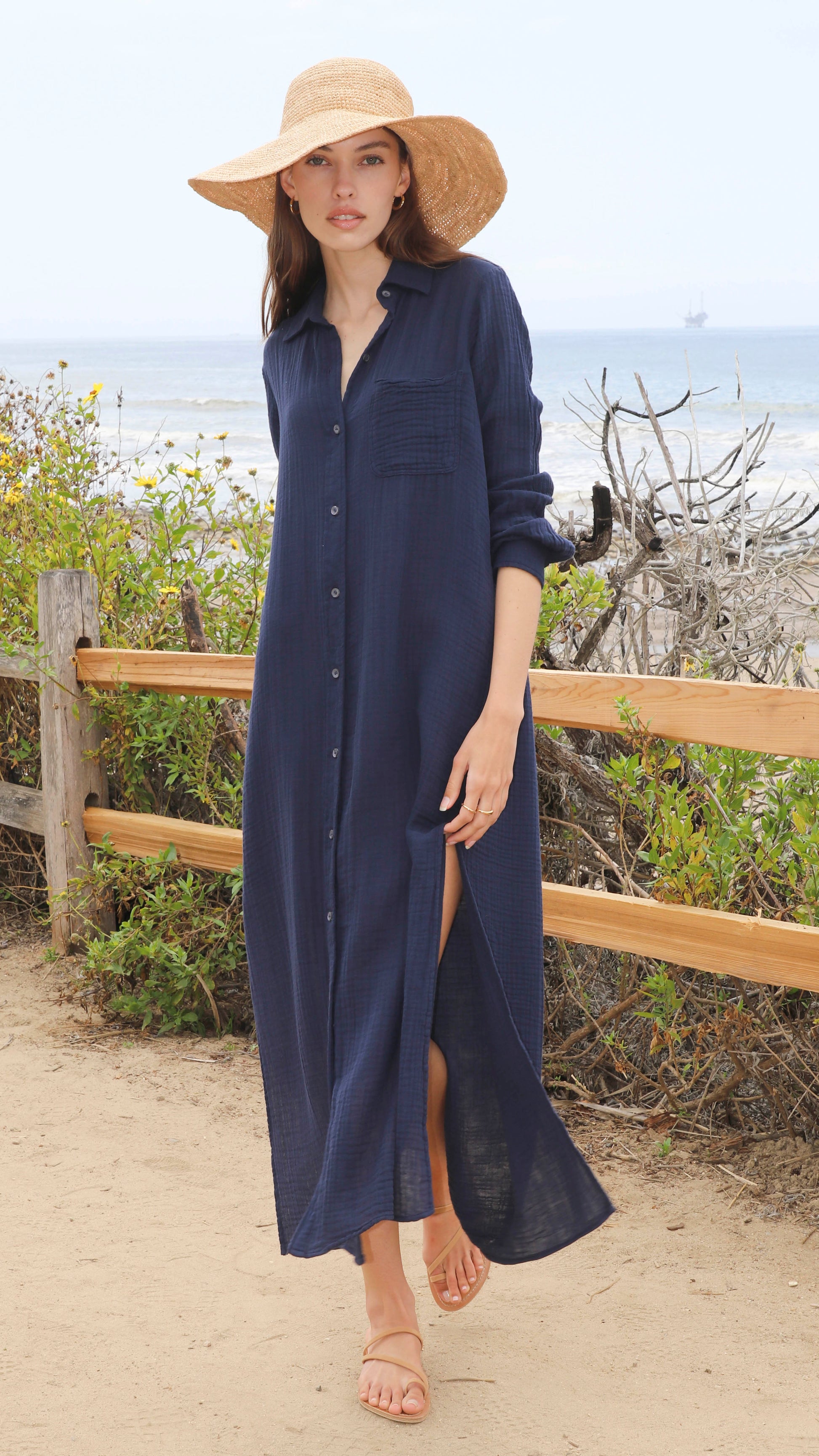 BOYFRIEND MAXI DRESS GAUZE IN NAVY - Romi Boutique