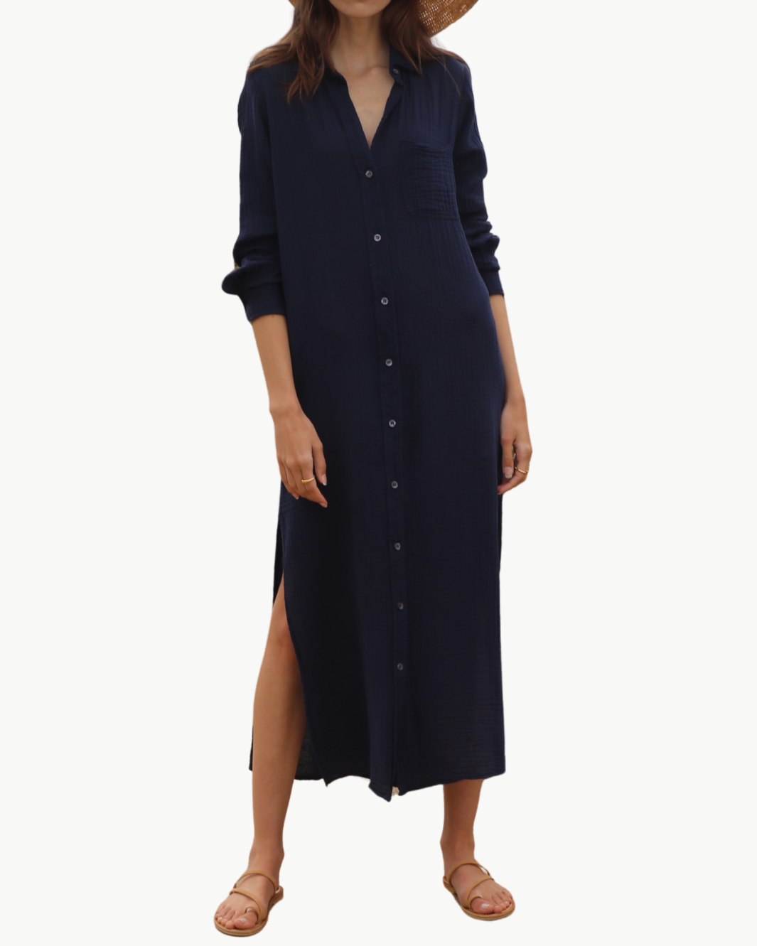 BOYFRIEND MAXI DRESS GAUZE IN NAVY - Romi Boutique