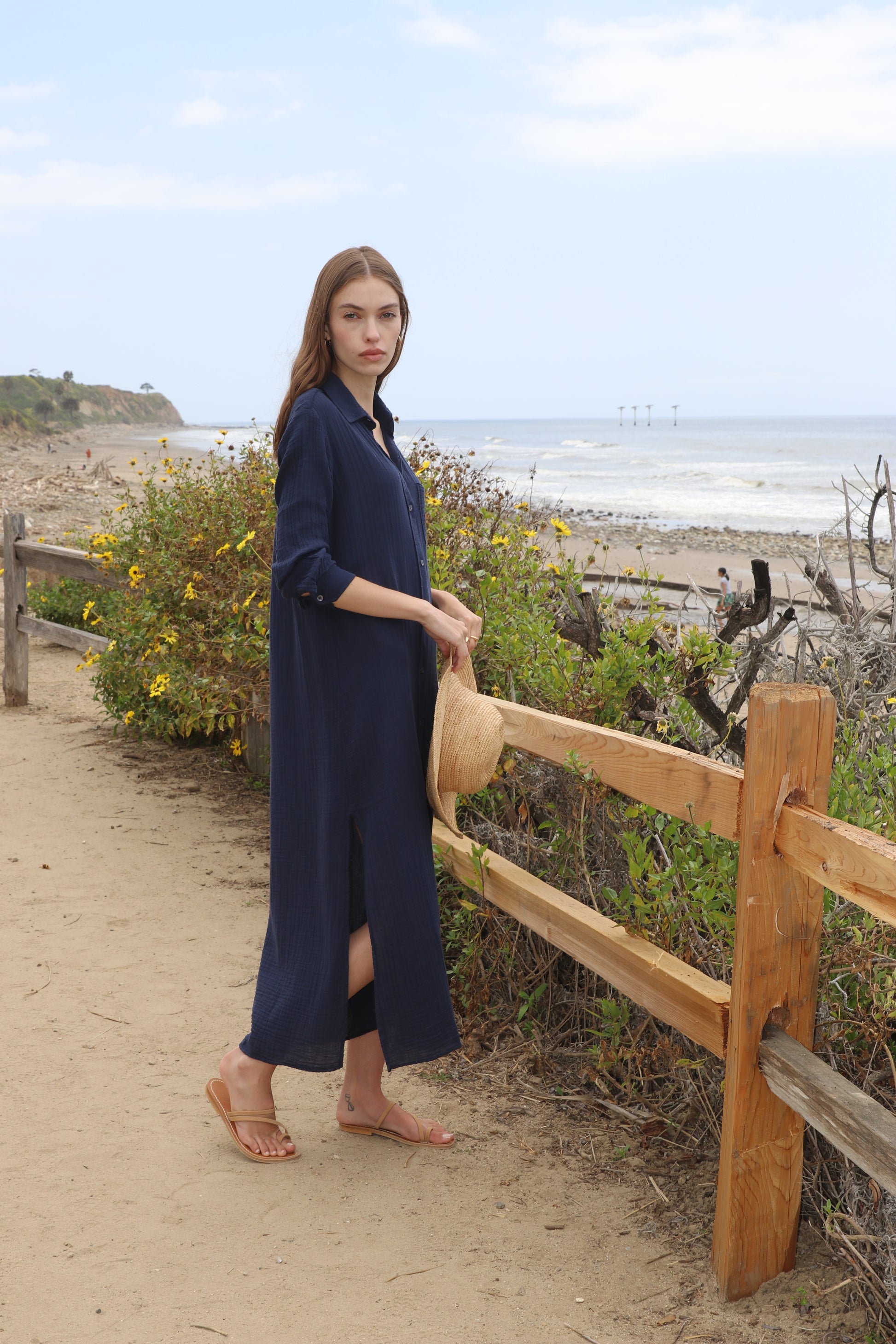 BOYFRIEND MAXI DRESS GAUZE IN NAVY - Romi Boutique