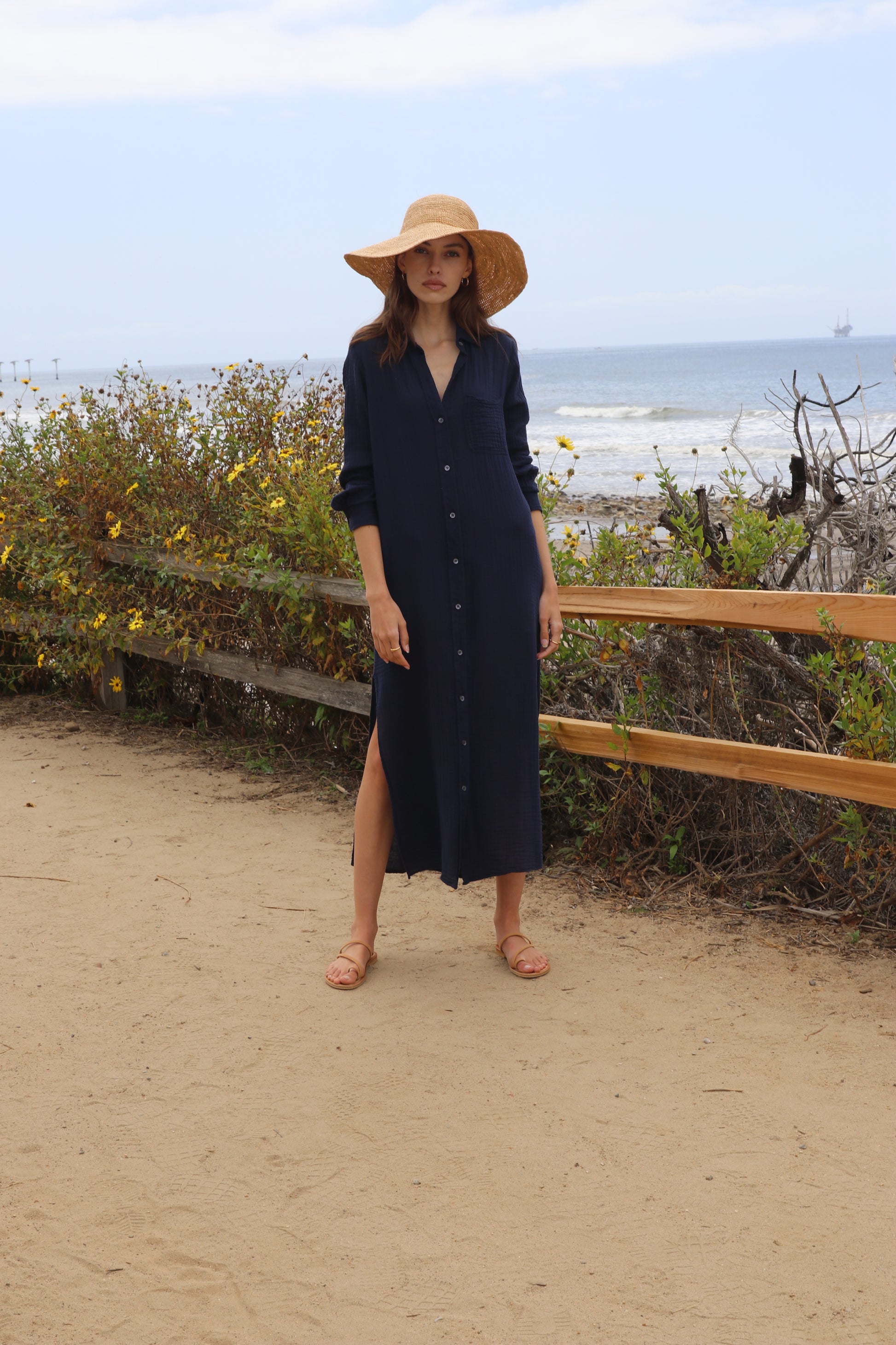 BOYFRIEND MAXI DRESS GAUZE IN NAVY - Romi Boutique