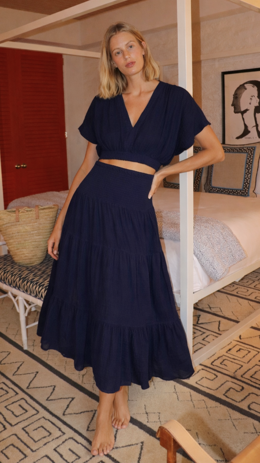 SMOCKED MAXI SKIRT GAUZE IN NAVY - Romi Boutique