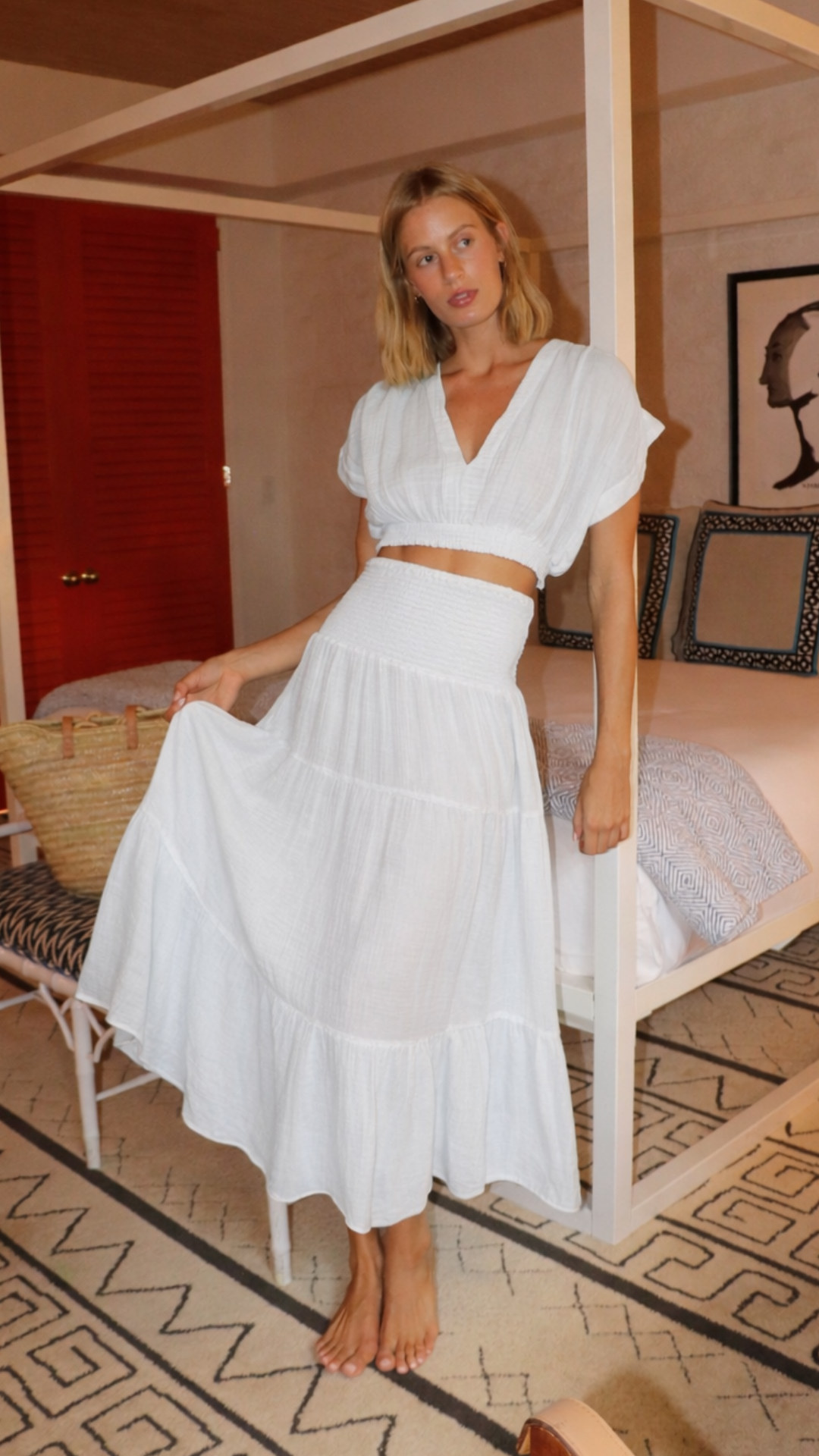 SMOCKED MAXI SKIRT GAUZE IN WHITE - Romi Boutique