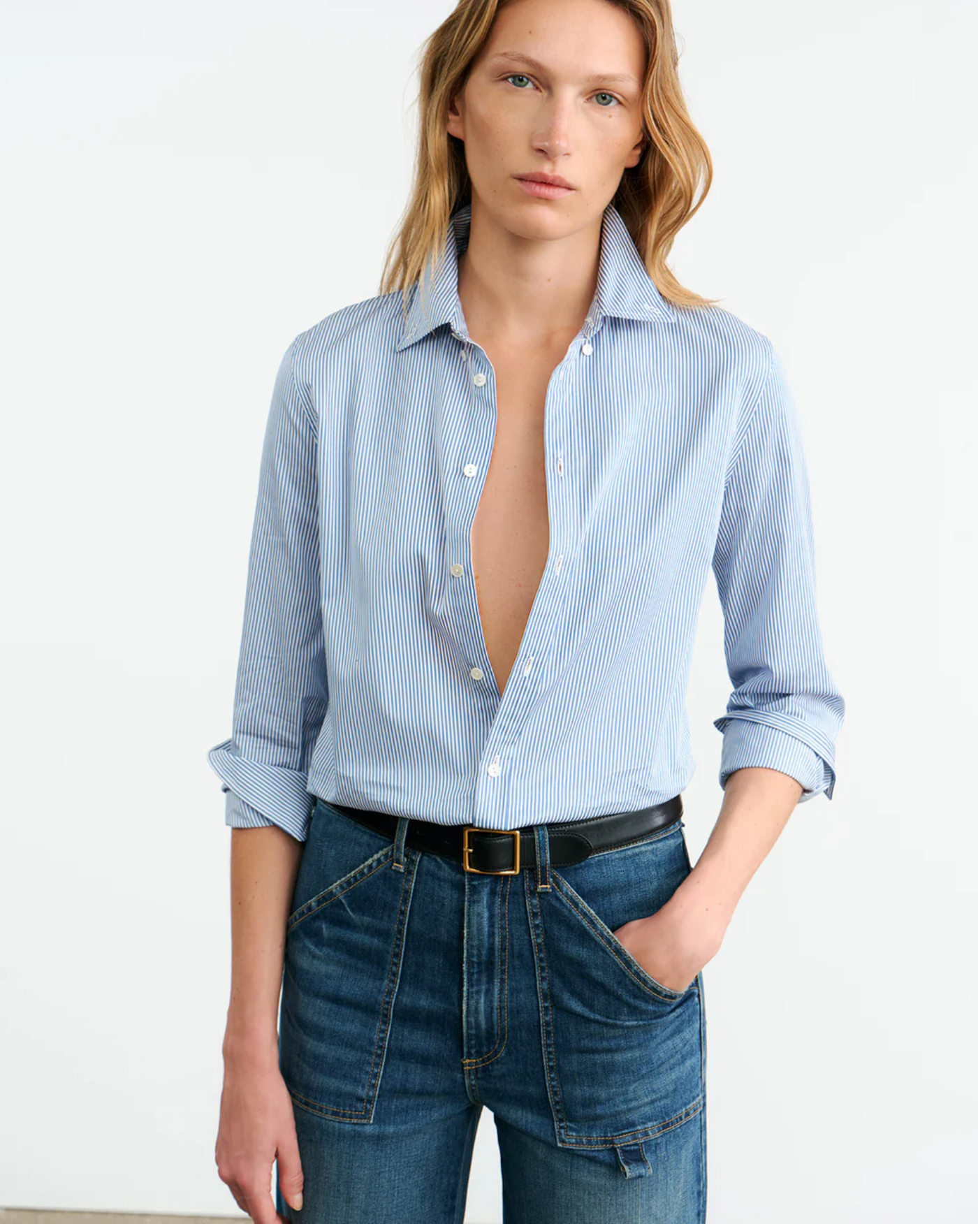 DYLLAN SHRUNKEN SHIRT IN IVORY/BLUE STRIPES