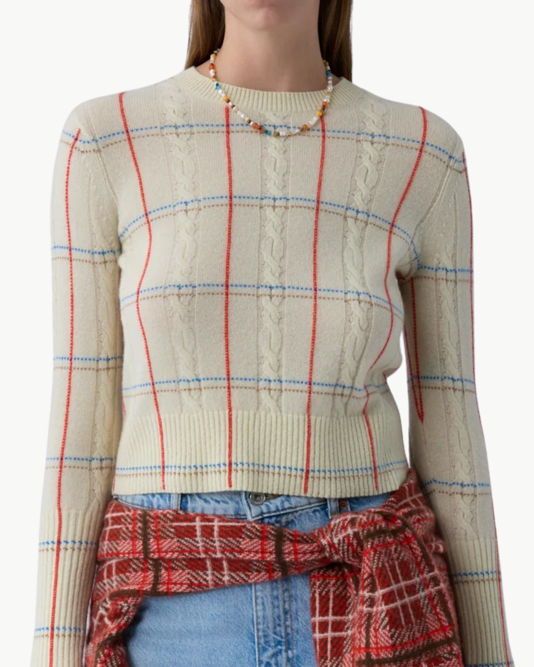 SHRUNKEN CHECK CREW IN MIST COMBO - Romi Boutique