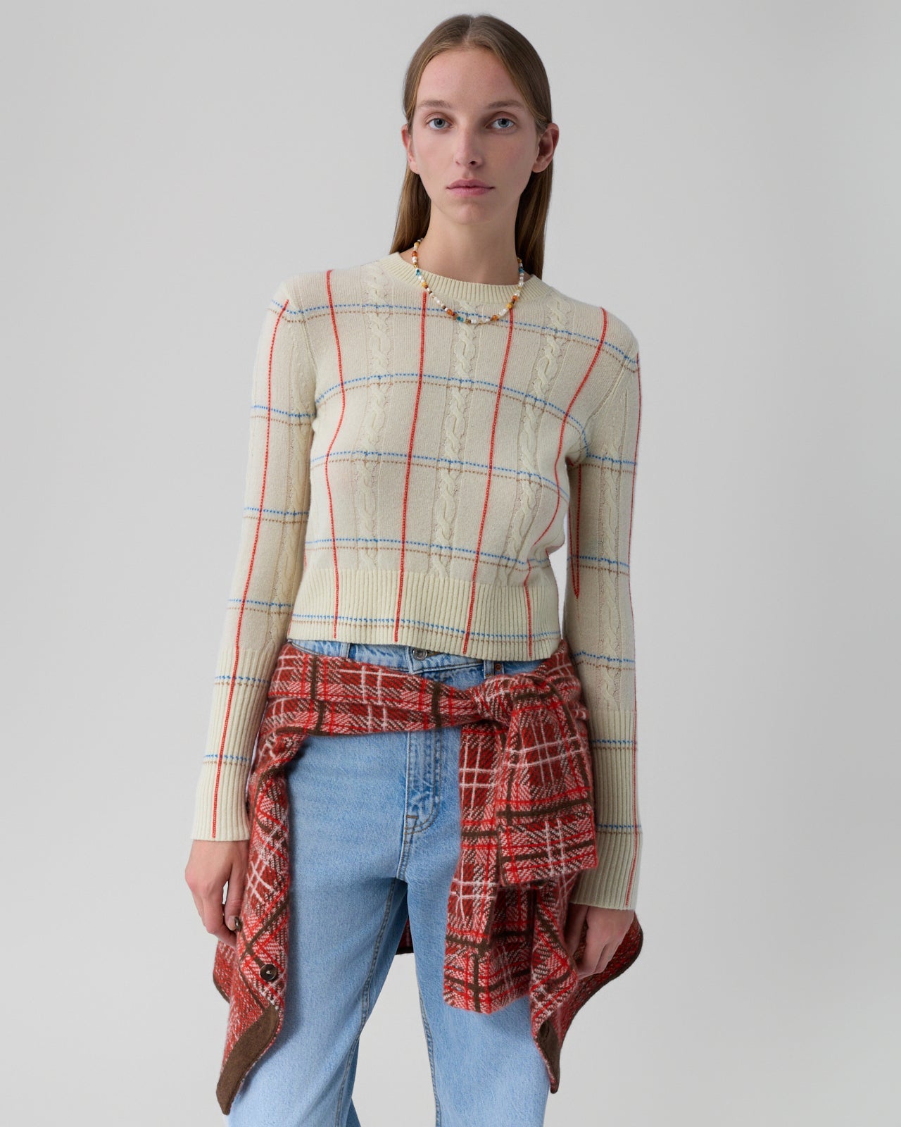 SHRUNKEN CHECK CREW IN MIST COMBO - Romi Boutique