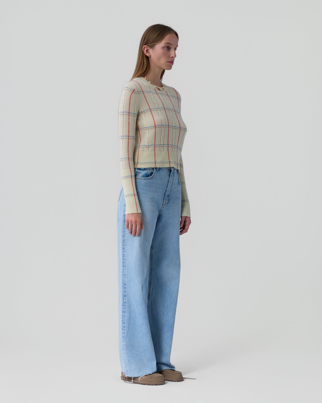 SHRUNKEN CHECK CREW IN MIST COMBO - Romi Boutique