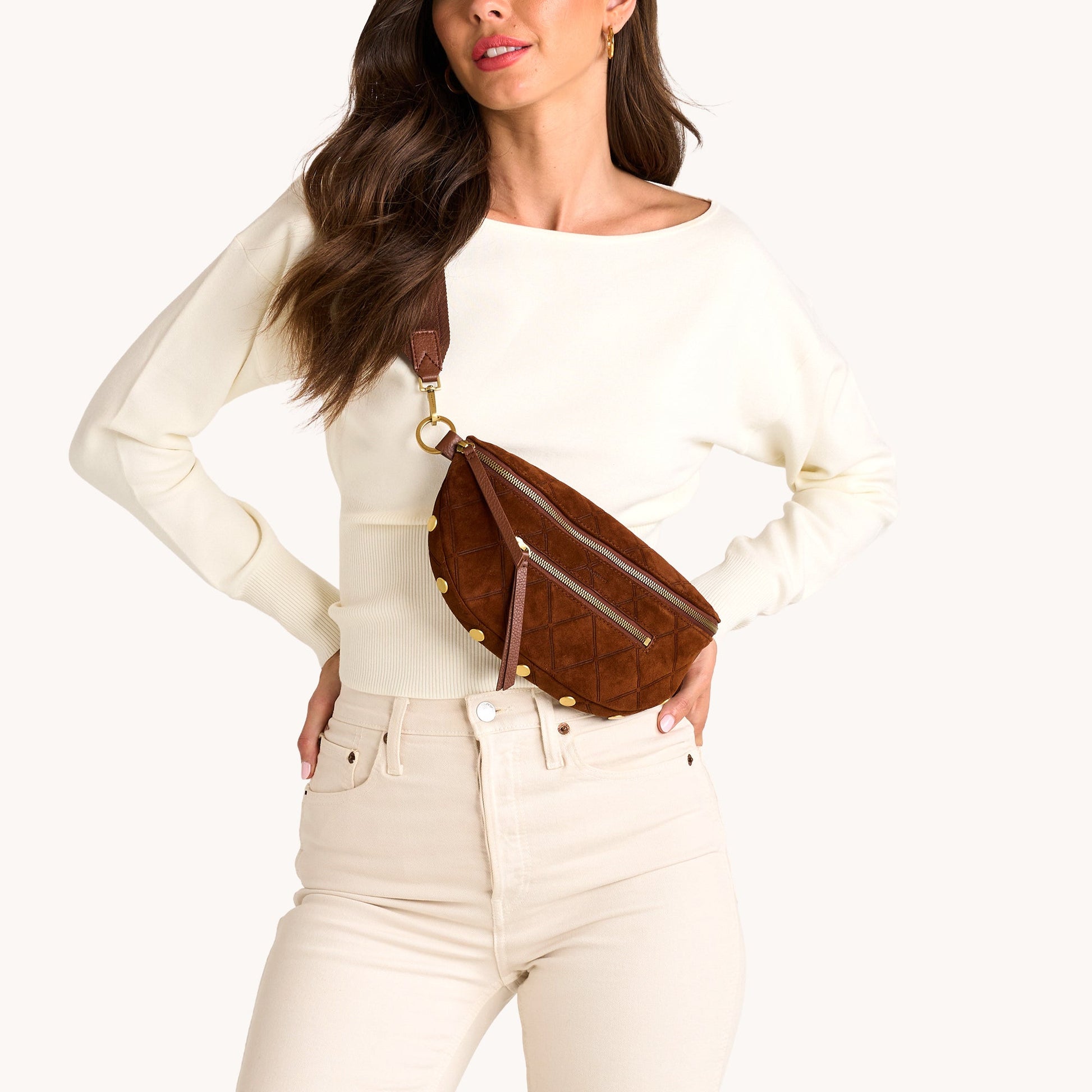 CHARLES CROSSBODY MED IN CHOCOLATE DIAMOND SUEDE/ANTIQUE GOLD - Romi Boutique