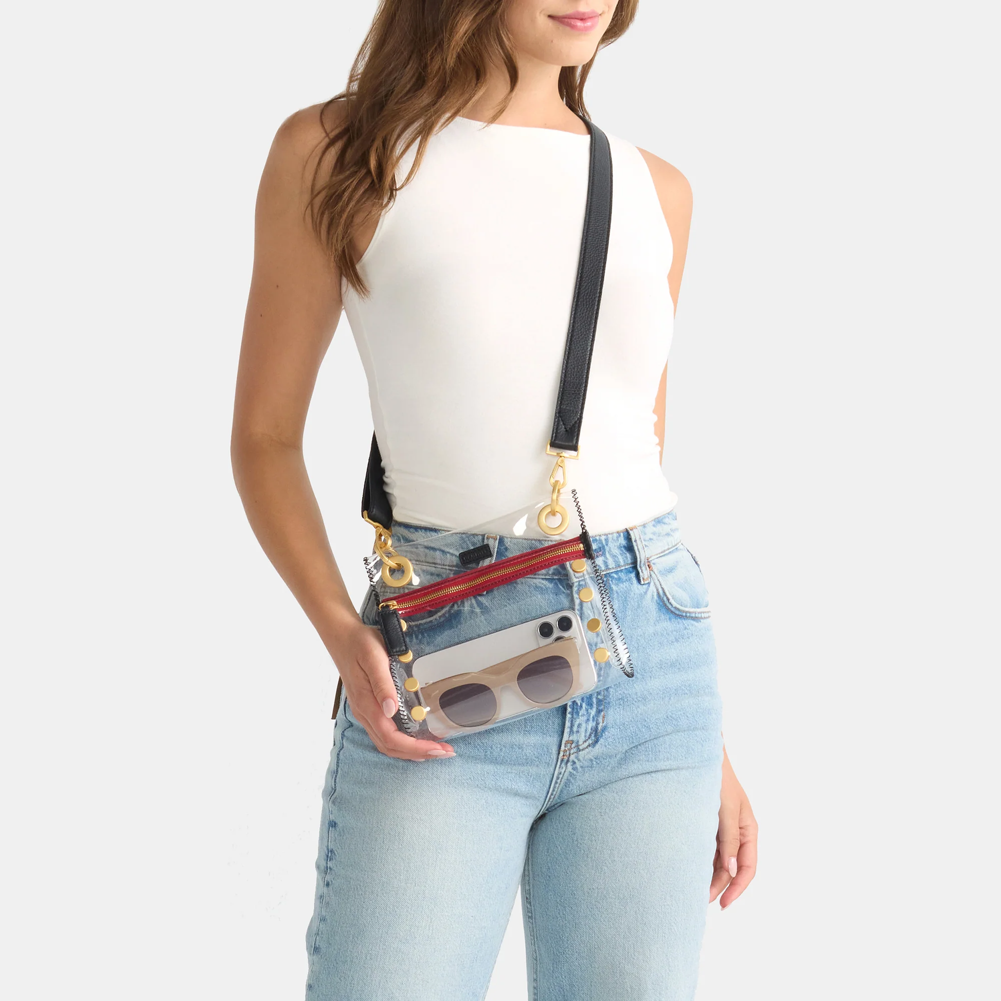 TONY SML IN CLEAR BLACK/BRUSHED GOLD RED ZIP - Romi Boutique
