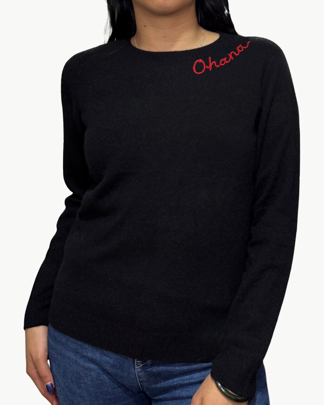 OHANA CASHMERE CREW IN BLACK/RED - Romi Boutique