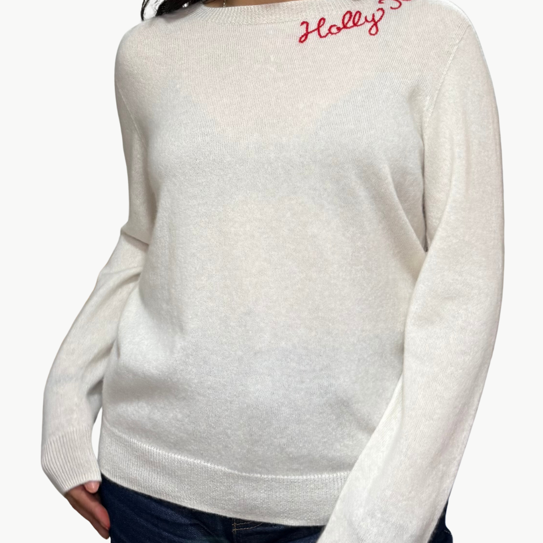 HOLLY JOLLY CASHMERE CREW IN WHITE/RED - Romi Boutique