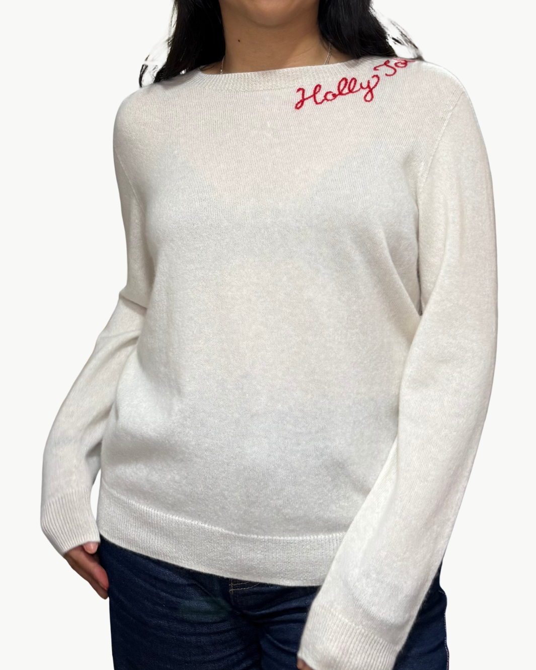 HOLLY JOLLY CASHMERE CREW IN WHITE/RED - Romi Boutique