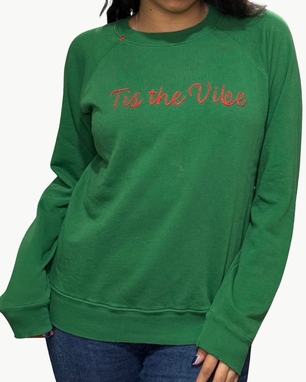 TIS THE VIBE CREW SWEATSHIRT IN GREEN/RED by I Stole My Boyfriend's Shirt - Romi Boutique