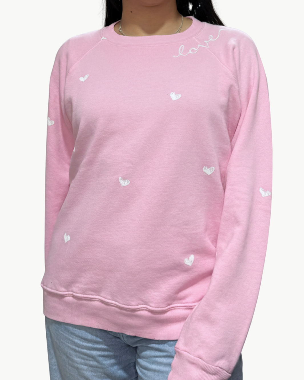 "LOVE" WITH WHITE HEARTS CREW SWEATSHIRT IN POWDER PINK - Romi Boutique
