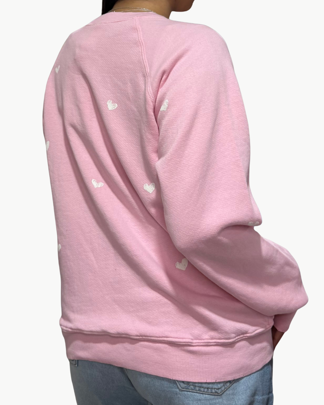 "LOVE" WITH WHITE HEARTS CREW SWEATSHIRT IN POWDER PINK - Romi Boutique