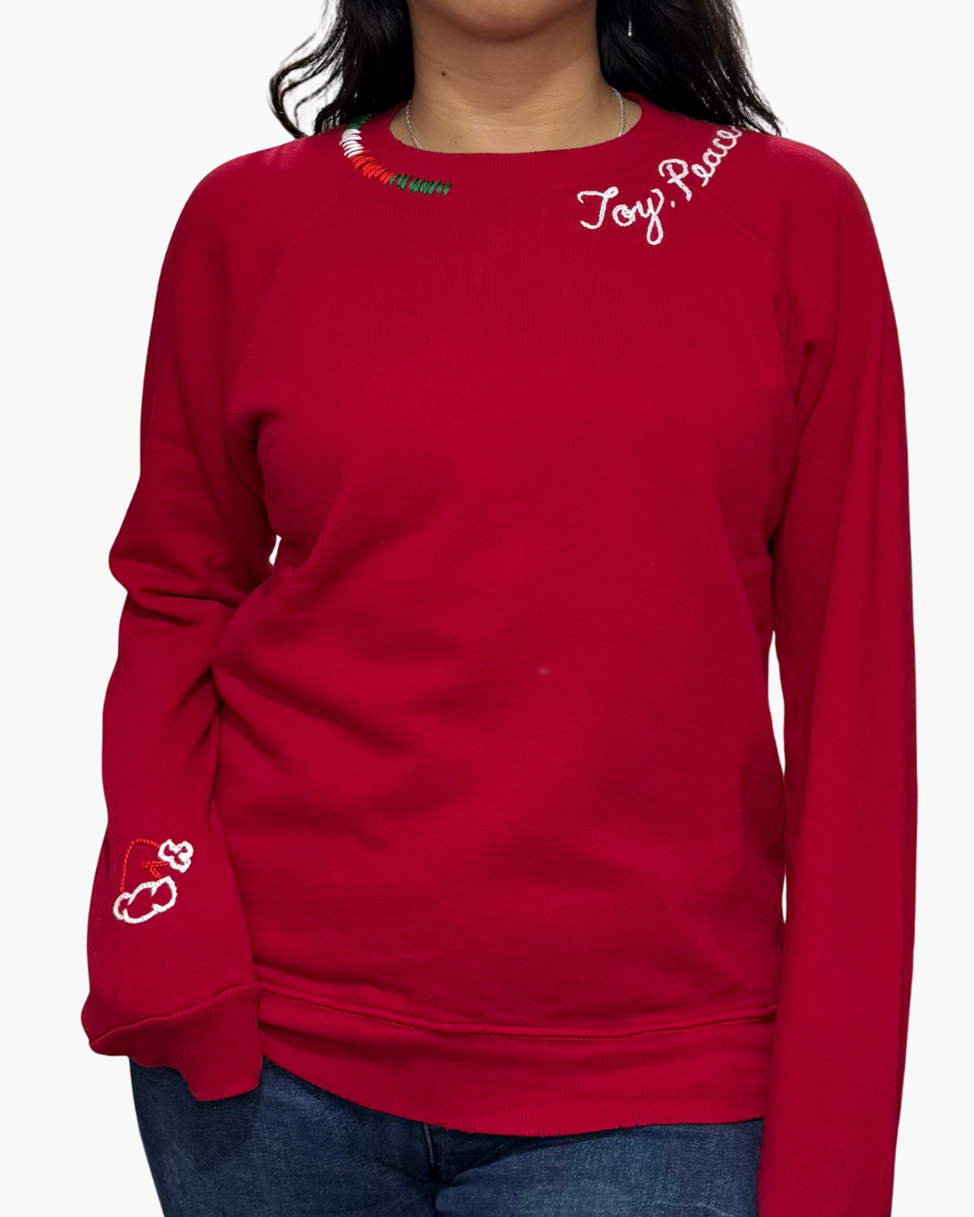 JOY, PEACE, & LOVE SANTA CREW SWEATSHIRT IN RED - Romi Boutique