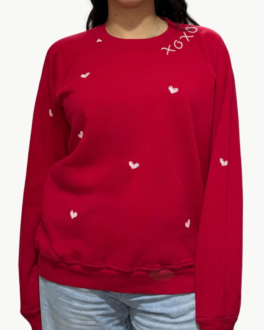 "XOXO" WITH WHITE HEARTS CREW SWEATSHIRT IN RED by I Stole My Boyfriend's Shirt - Romi Boutique