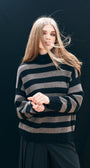 STRIPE BRETON CASHMERE WOOL TURTLENECK IN BLACK/MOOSE - Romi Boutique