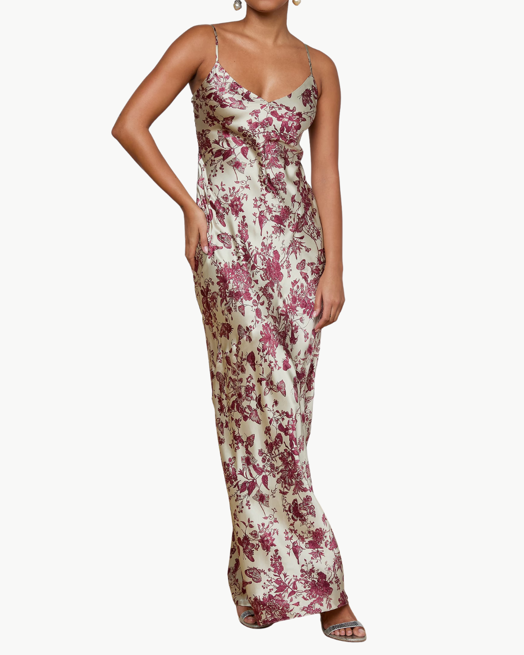 SERITA SILK GOWN IN TAN/TRUFFLE BUTTERFLY TOILE - Romi Boutique