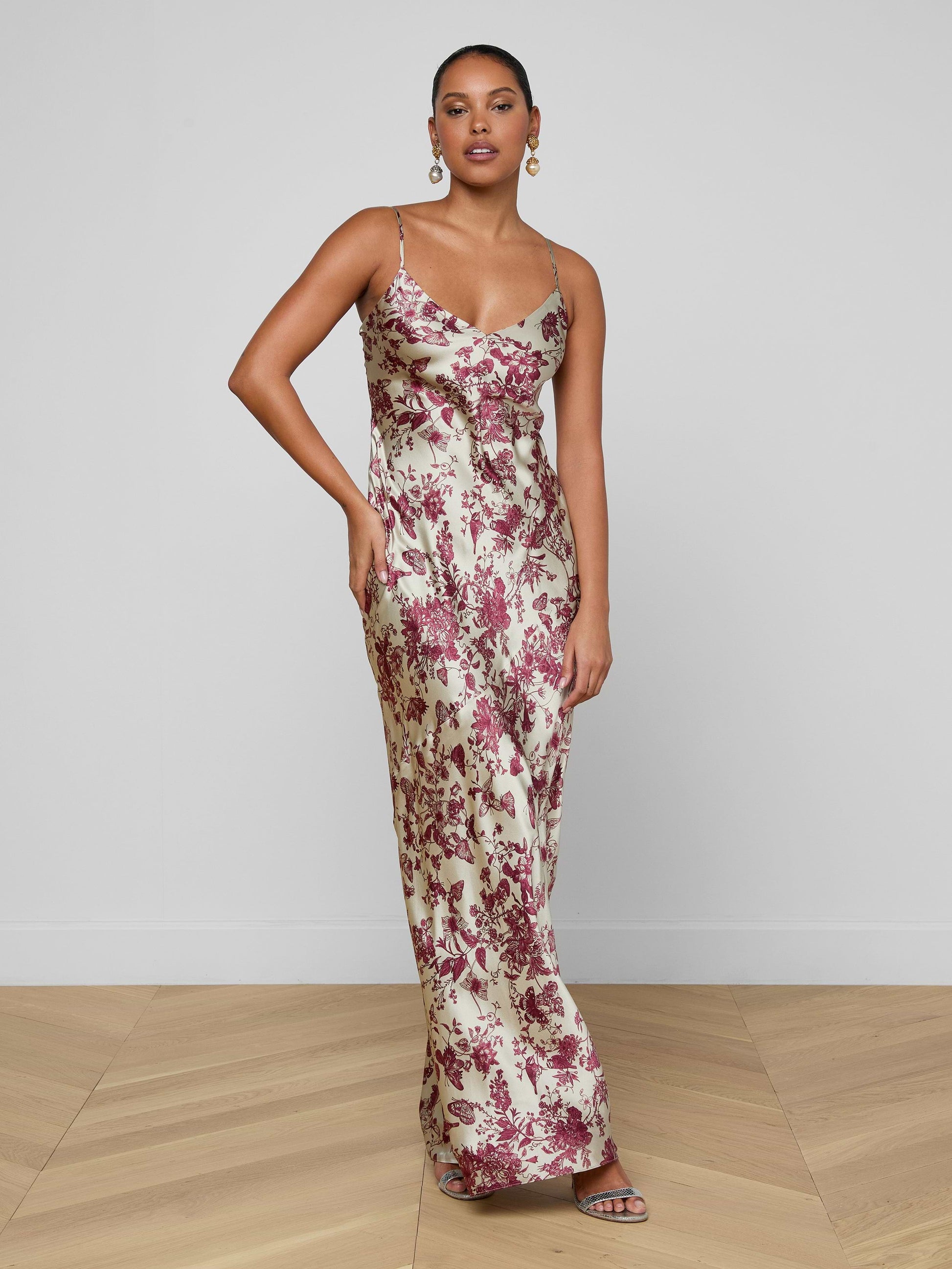 SERITA SILK GOWN IN TAN/TRUFFLE BUTTERFLY TOILE - Romi Boutique