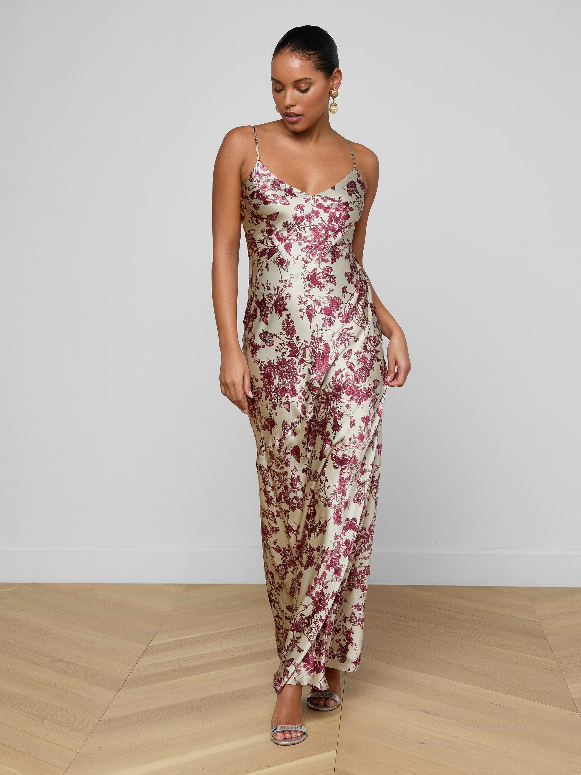 SERITA SILK GOWN IN TAN/TRUFFLE BUTTERFLY TOILE - Romi Boutique