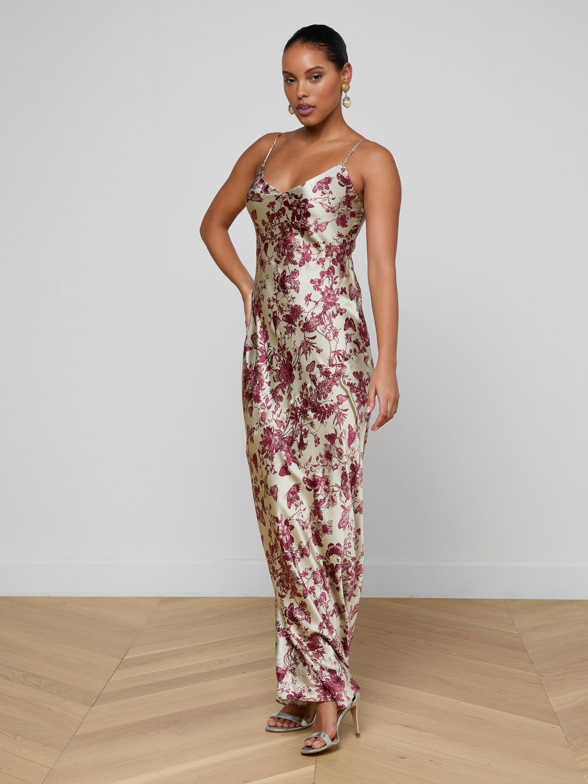 SERITA SILK GOWN IN TAN/TRUFFLE BUTTERFLY TOILE - Romi Boutique