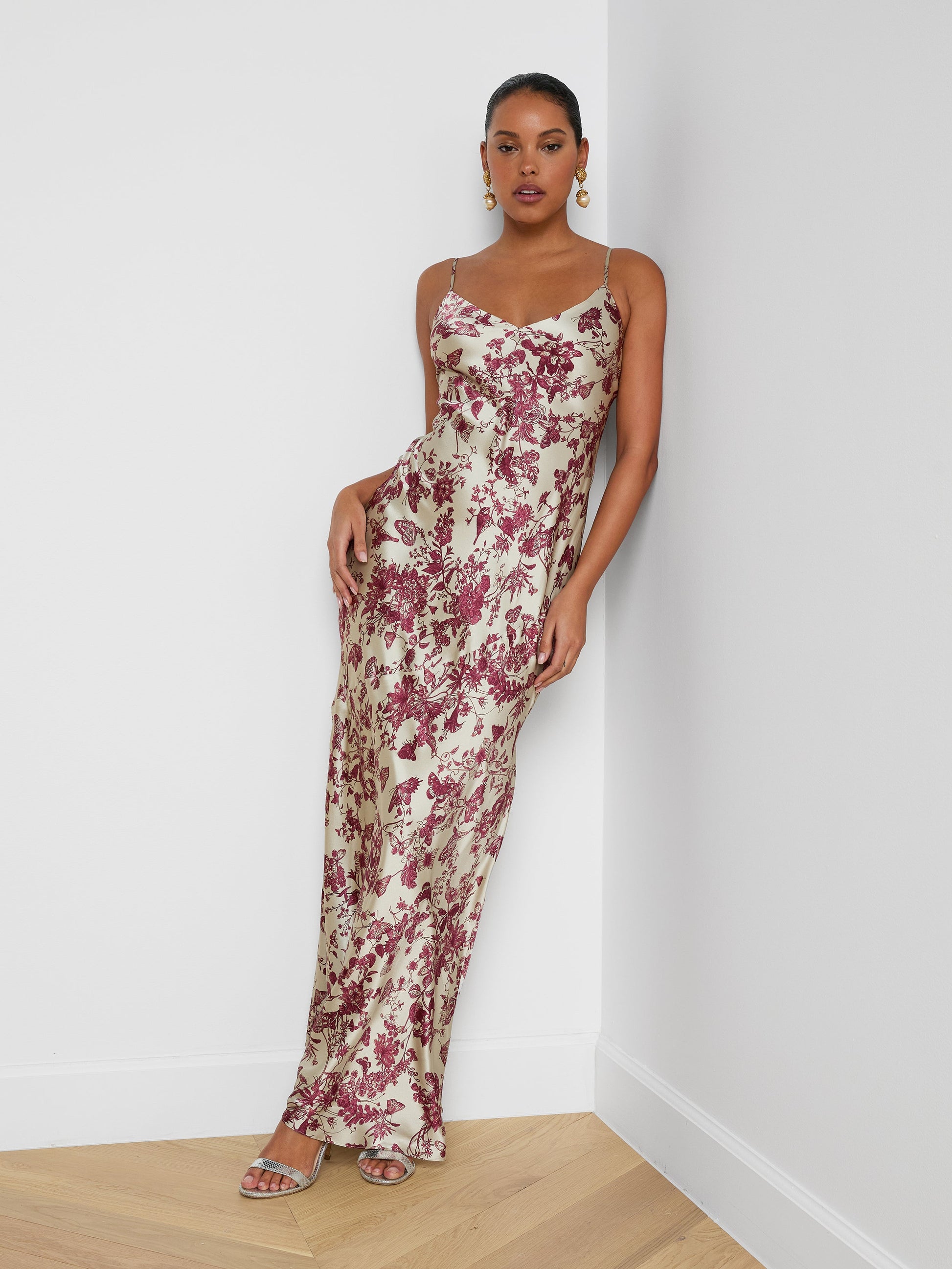 SERITA SILK GOWN IN TAN/TRUFFLE BUTTERFLY TOILE - Romi Boutique