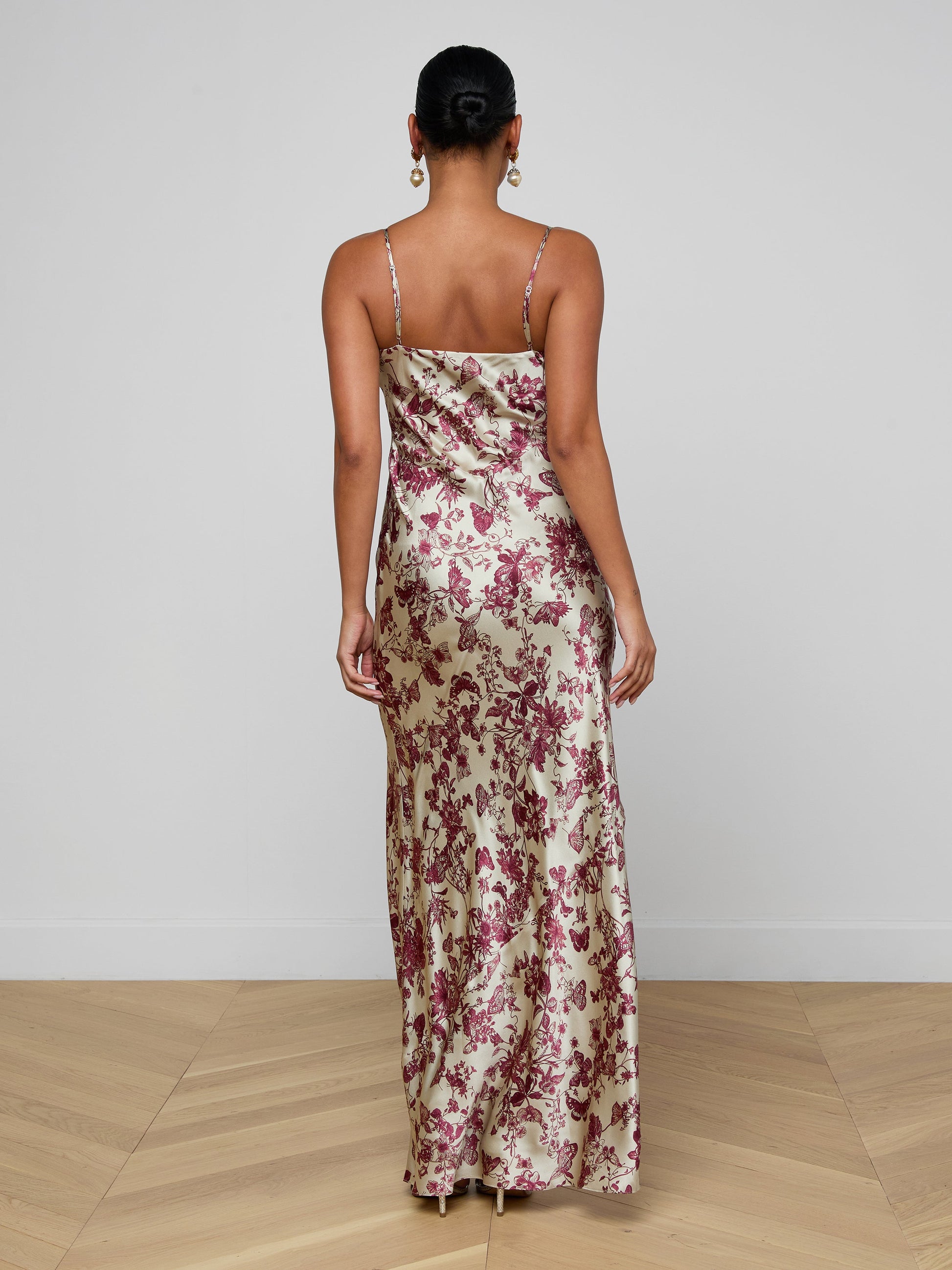 SERITA SILK GOWN IN TAN/TRUFFLE BUTTERFLY TOILE - Romi Boutique