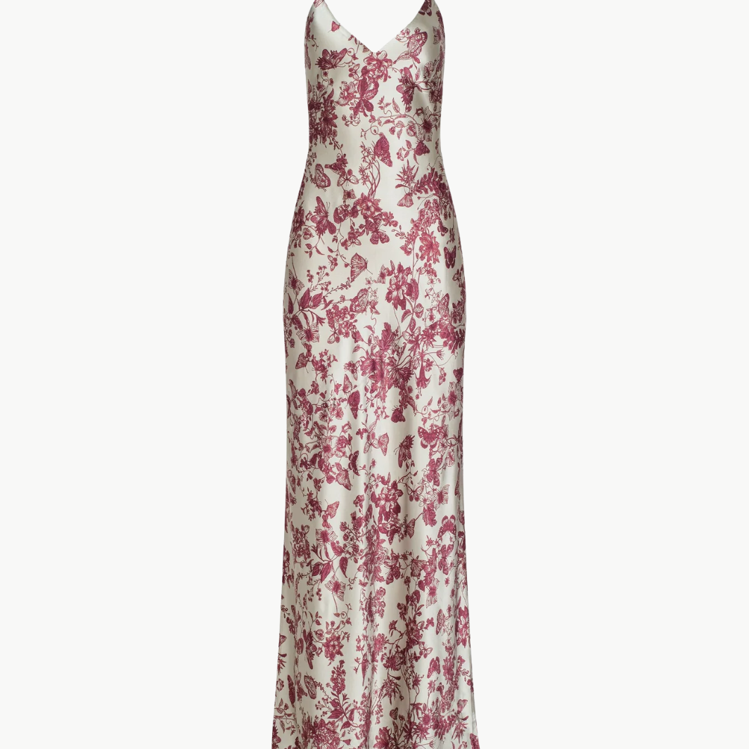 SERITA SILK GOWN IN TAN/TRUFFLE BUTTERFLY TOILE - Romi Boutique