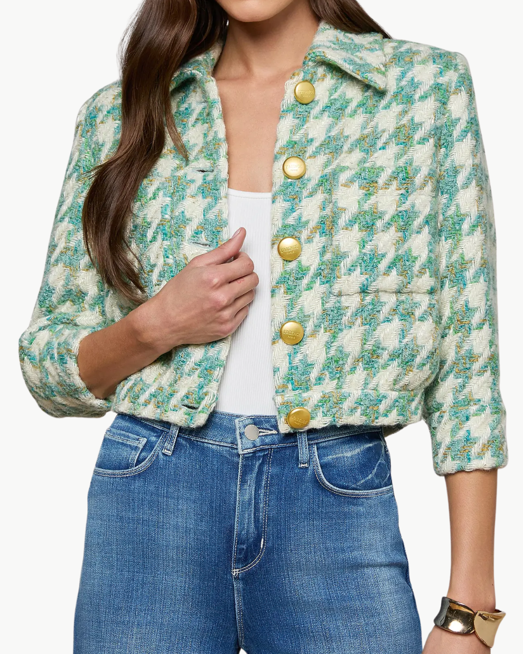 JIA TWEED JACKET IN DUSTY JADE MULTI HOUNDSTOOTH - Romi Boutique