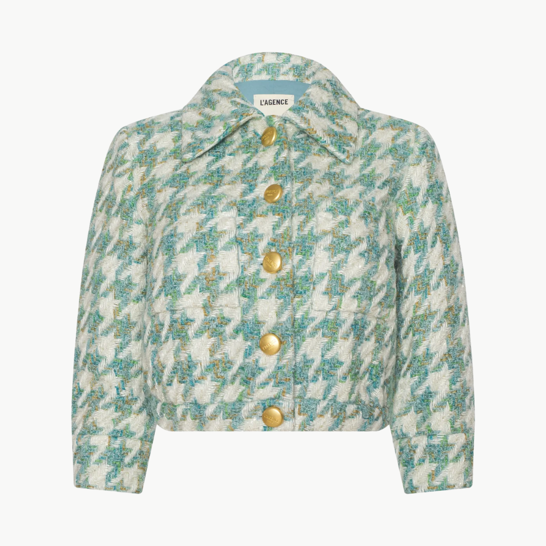 JIA TWEED JACKET IN DUSTY JADE MULTI HOUNDSTOOTH - Romi Boutique