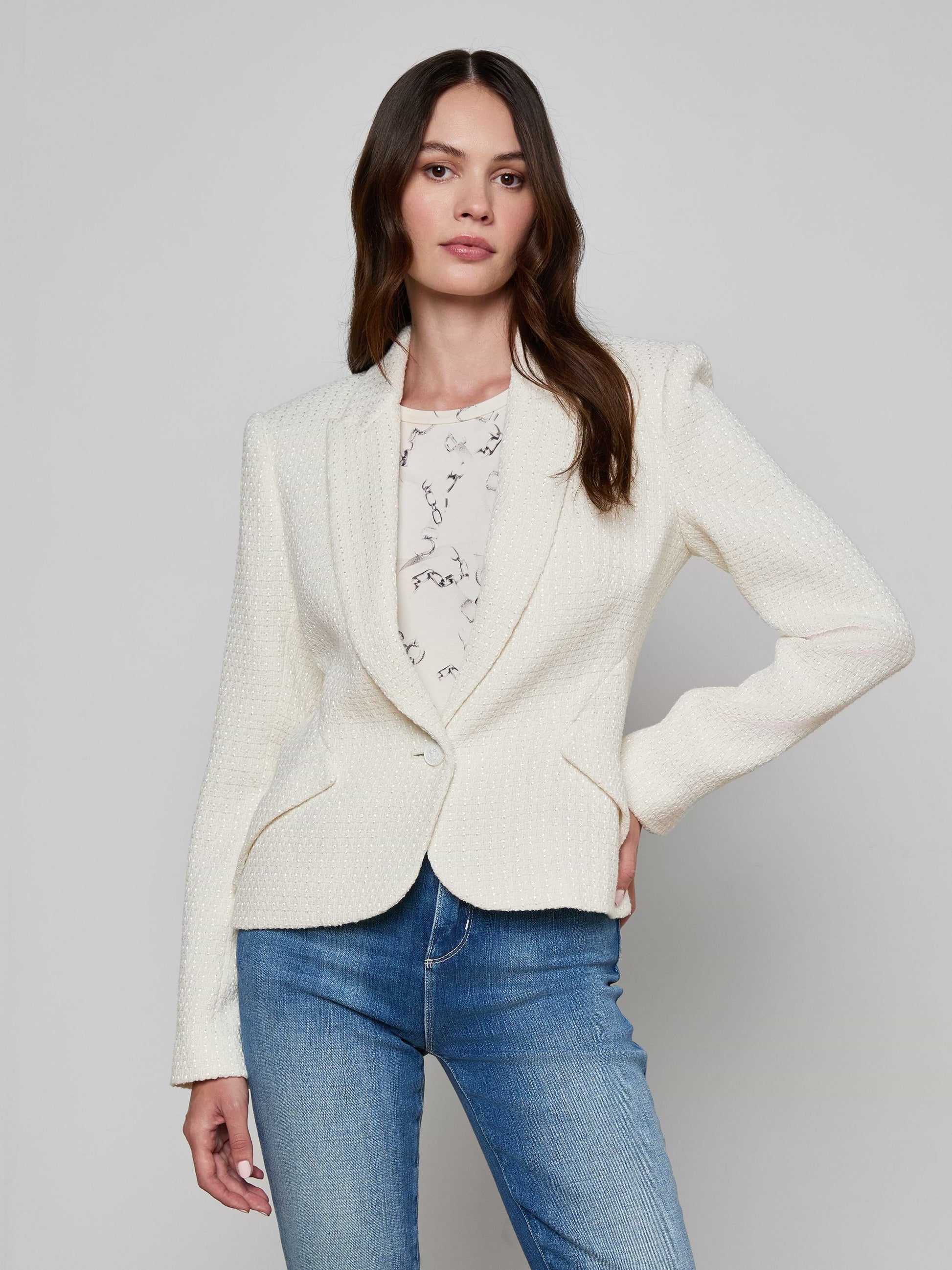 JENNAH TWEED BLAZER IN IVORY - Romi Boutique