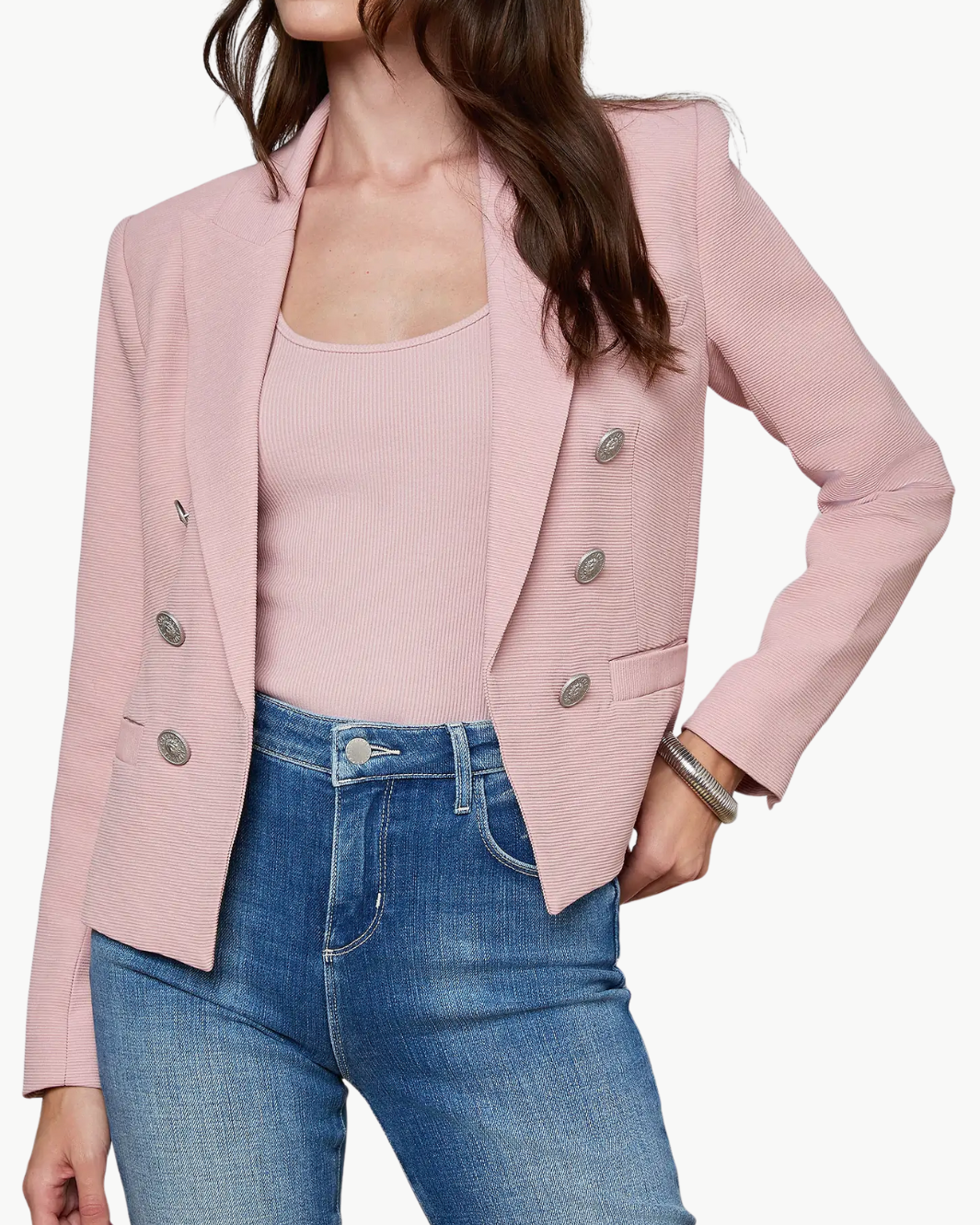BROOKE OPEN-FRONT BLAZER IN PALE ROSE/FADED CHAIN - Romi Boutique