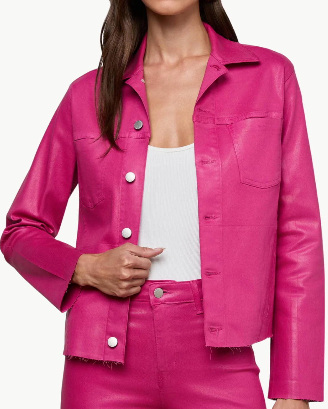 JANELLE SLIM RAW JACKET IN PINK COATED - Romi Boutique