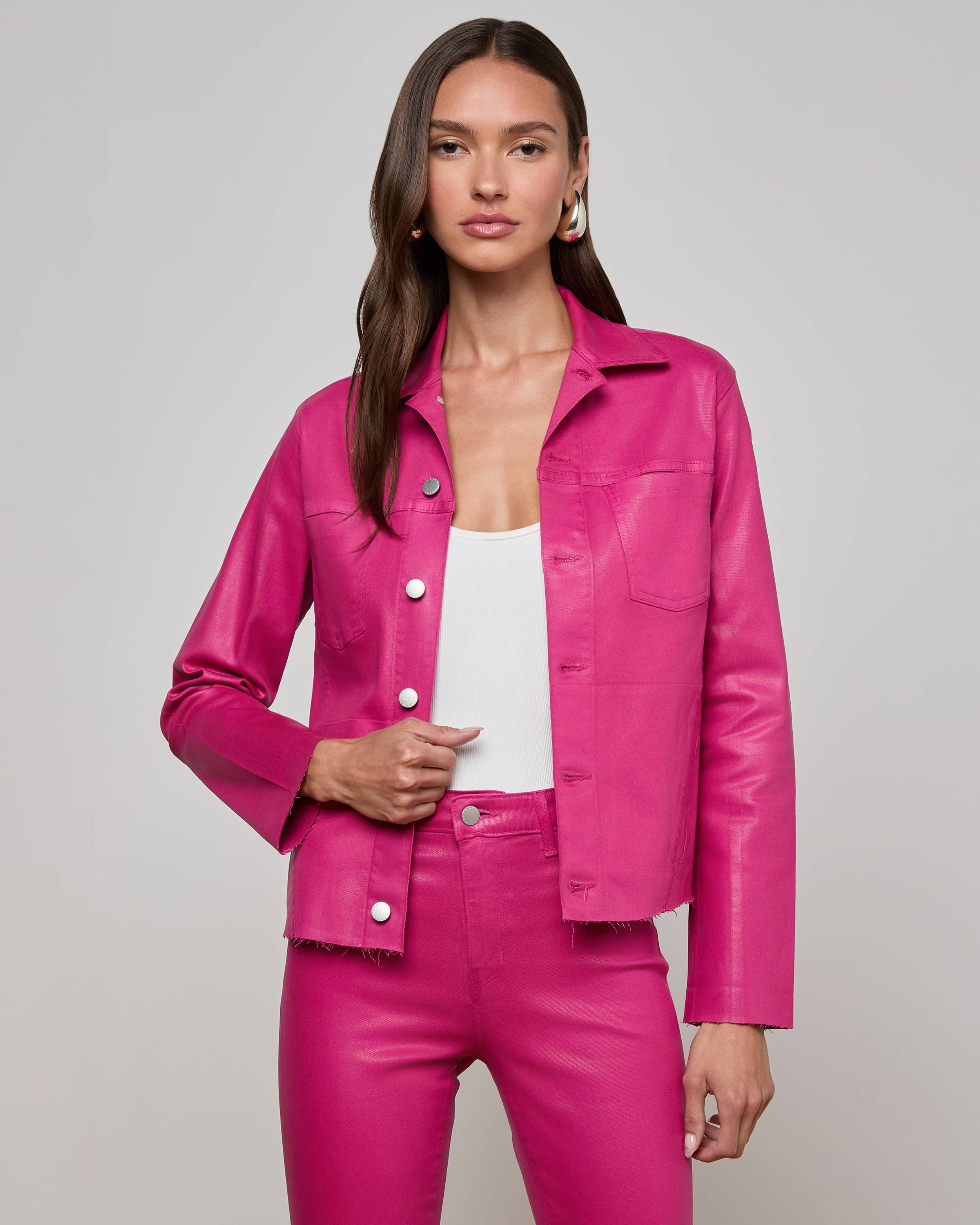 JANELLE SLIM RAW JACKET IN PINK COATED - Romi Boutique