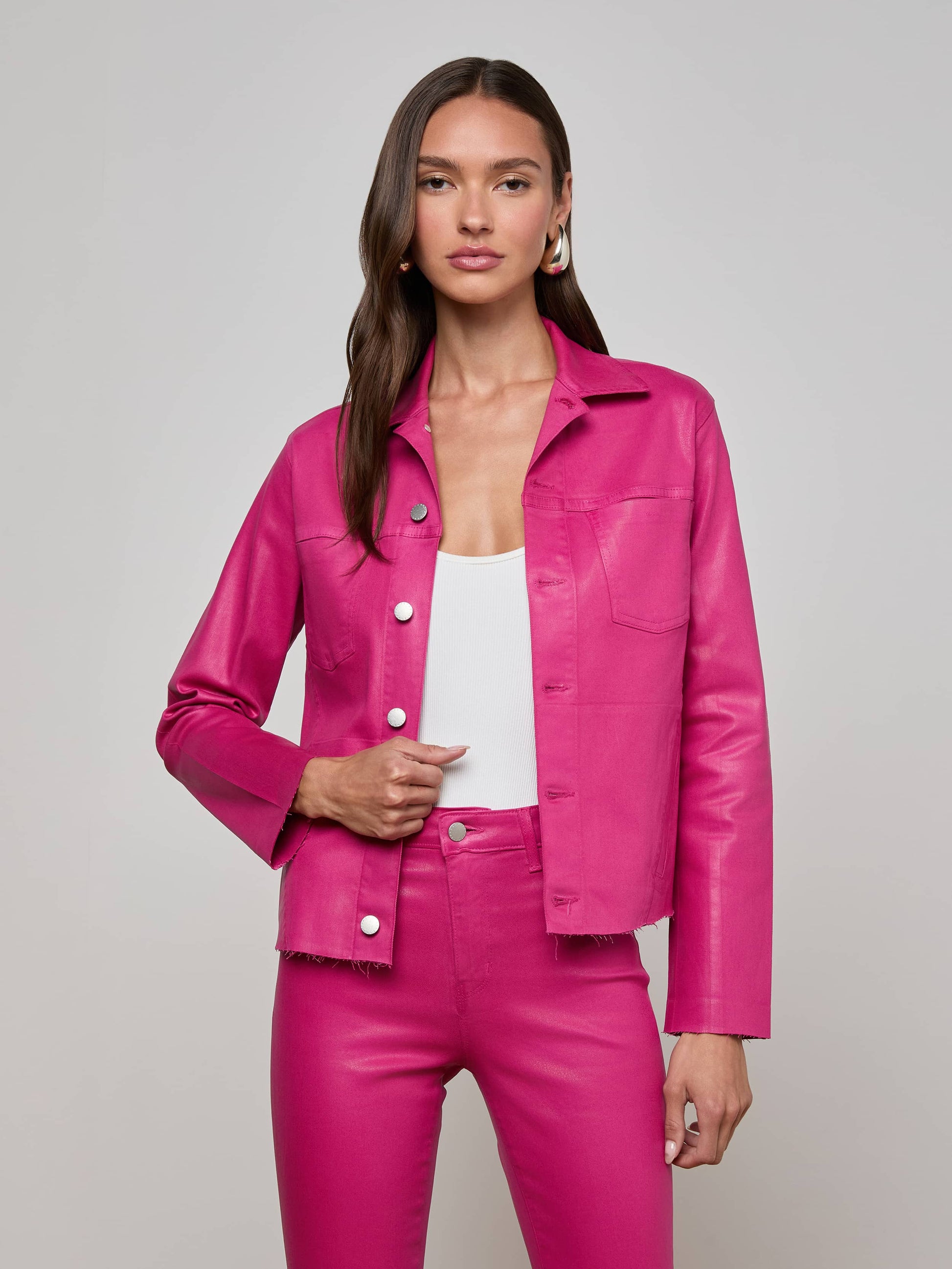 JANELLE SLIM RAW JACKET IN PINK COATED - Romi Boutique