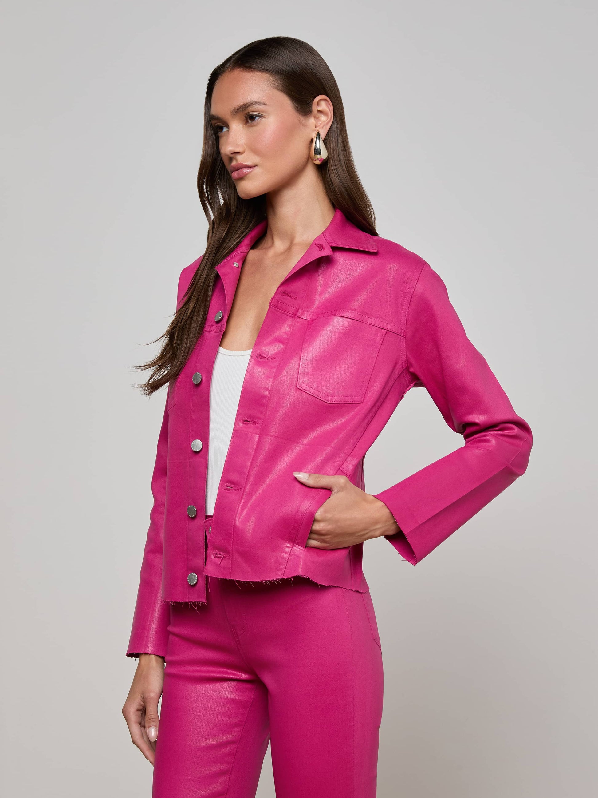 JANELLE SLIM RAW JACKET IN PINK COATED - Romi Boutique