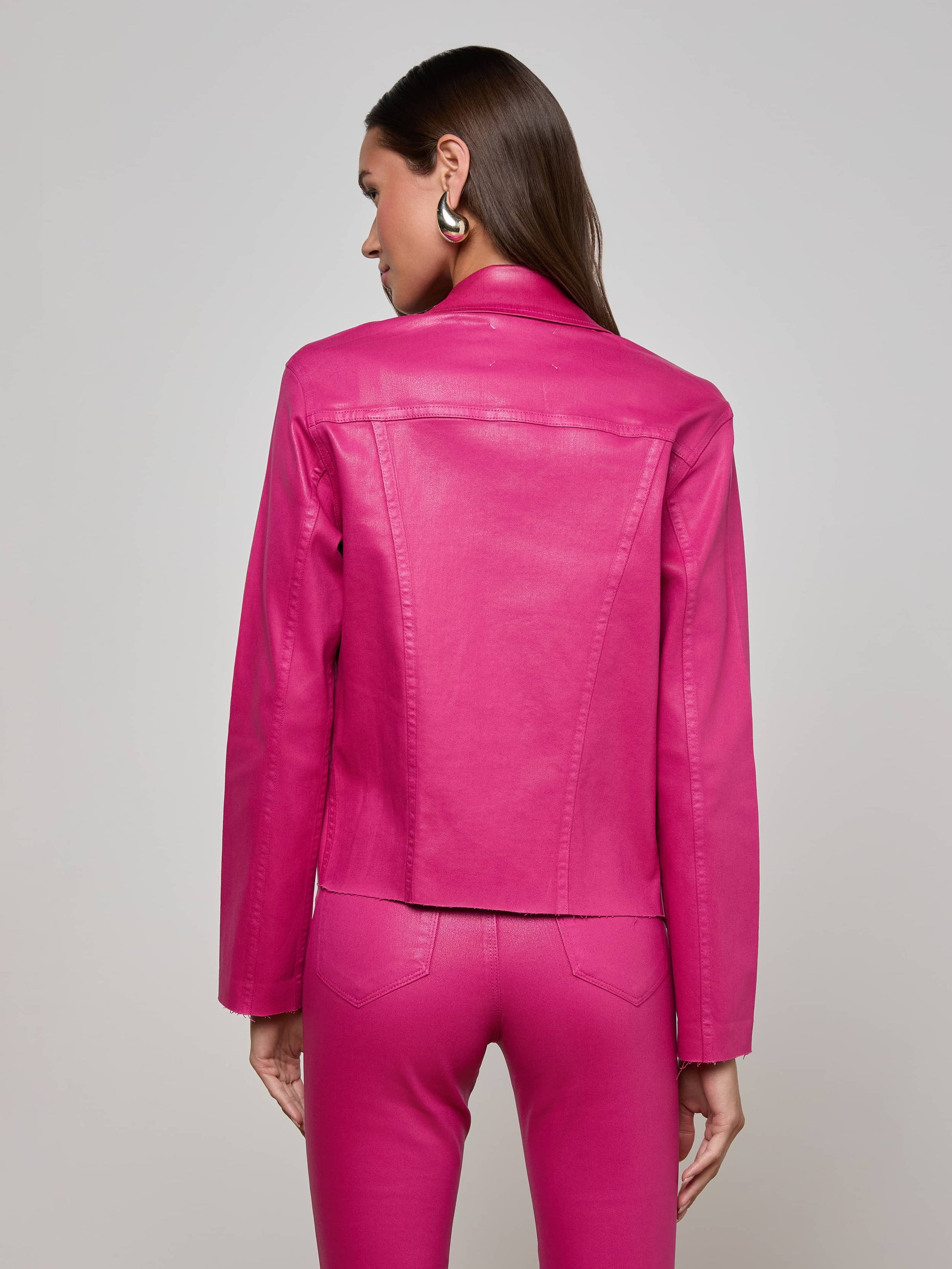 JANELLE SLIM RAW JACKET IN PINK COATED - Romi Boutique