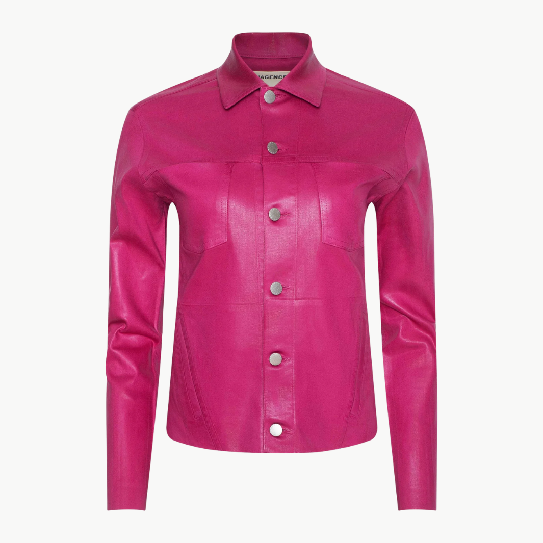 JANELLE SLIM RAW JACKET IN PINK COATED - Romi Boutique