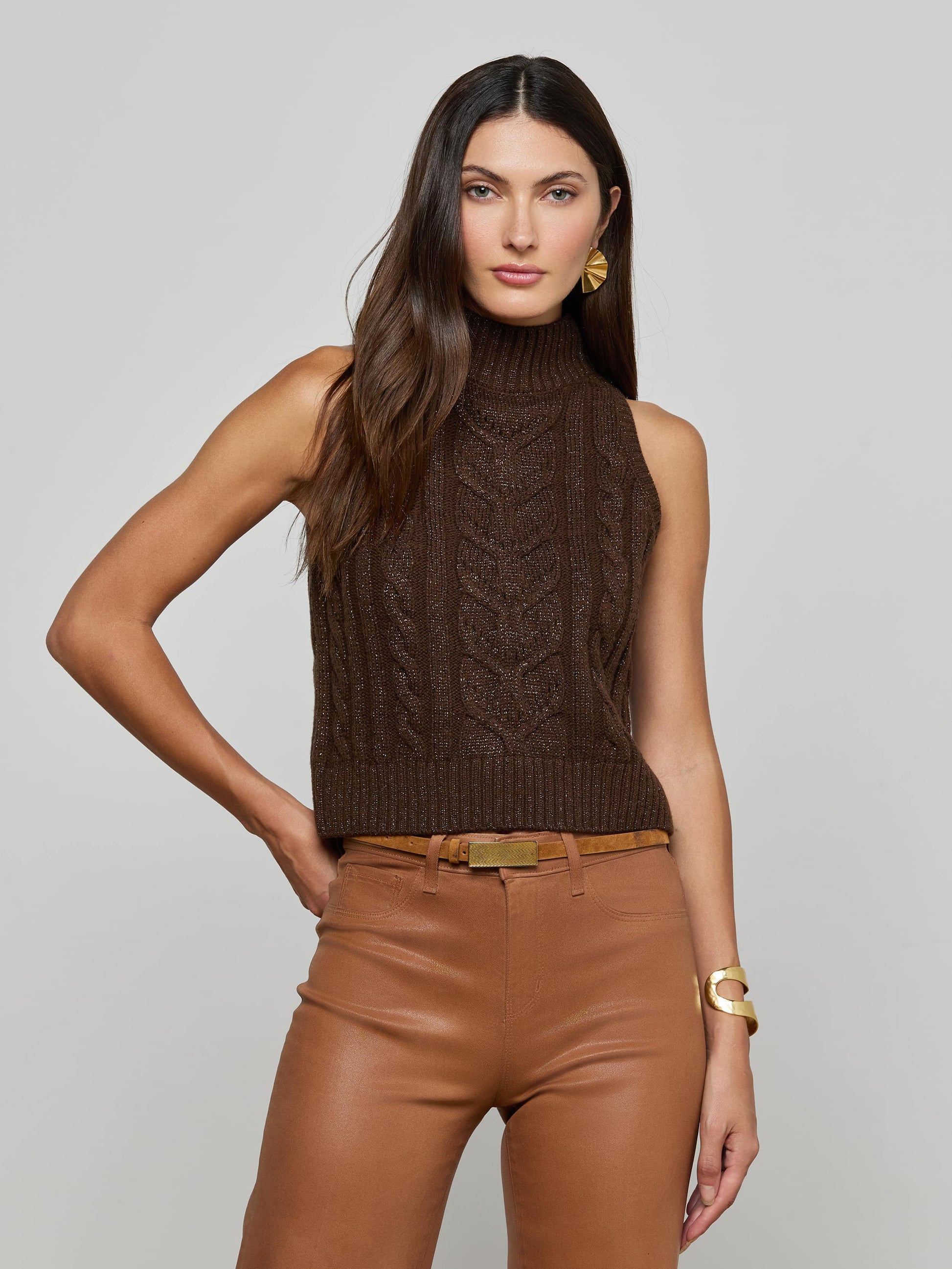 BELLINI CABLE-KNIT TURTLENECK IN DARK BROWN - Romi Boutique