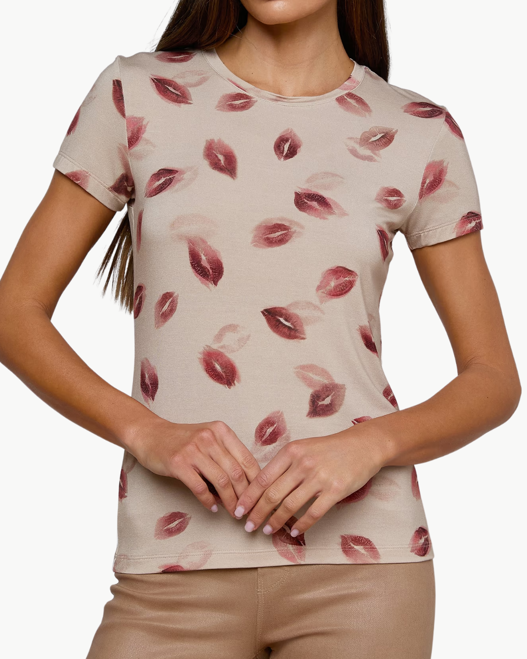 RESSI FITTED TEE IN TAUPE/DARK RED FADED KISS - Romi Boutique