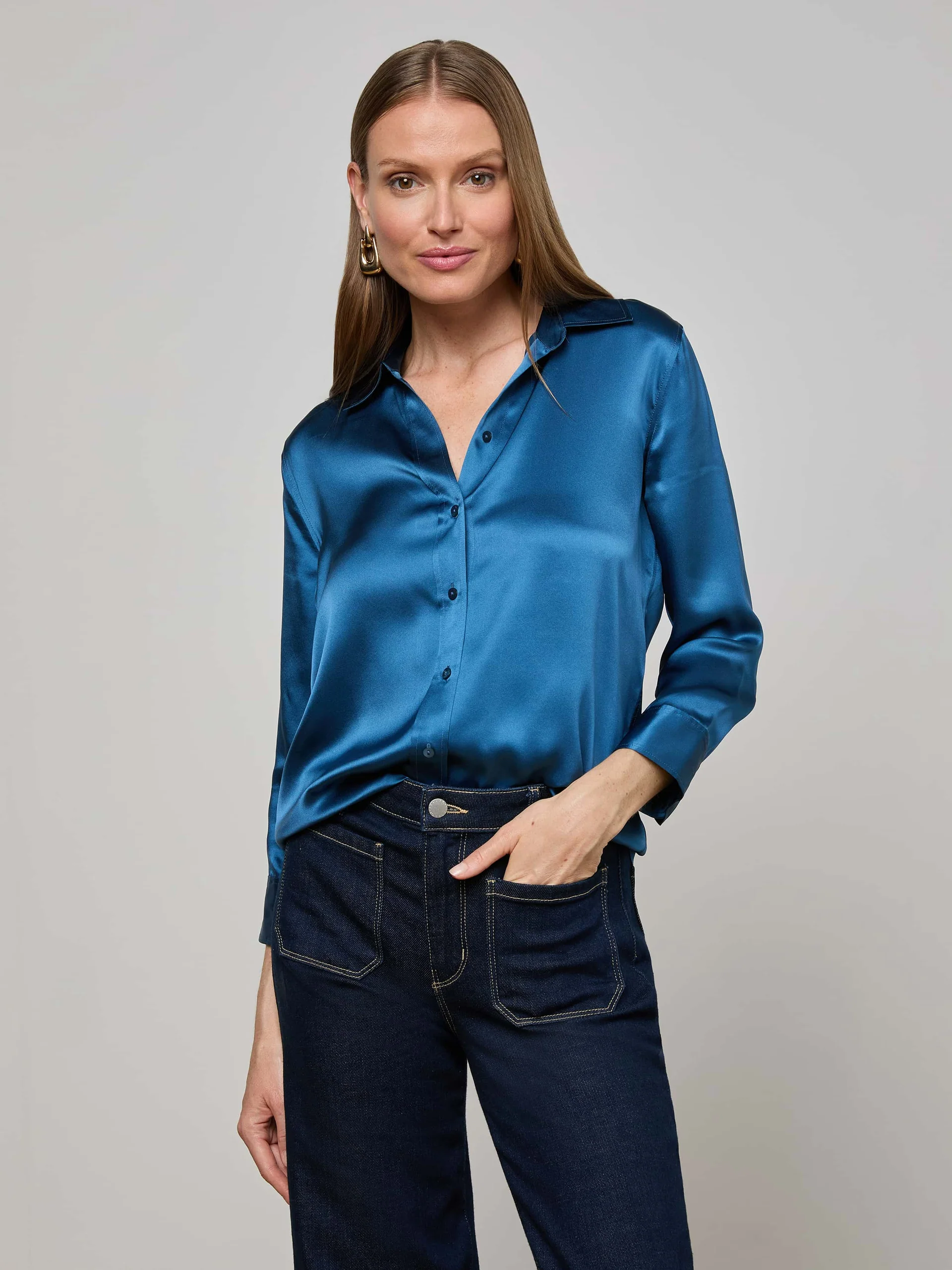 DANI 3/4 SLEEVE BLOUSE IN STONE BLUE - Romi Boutique