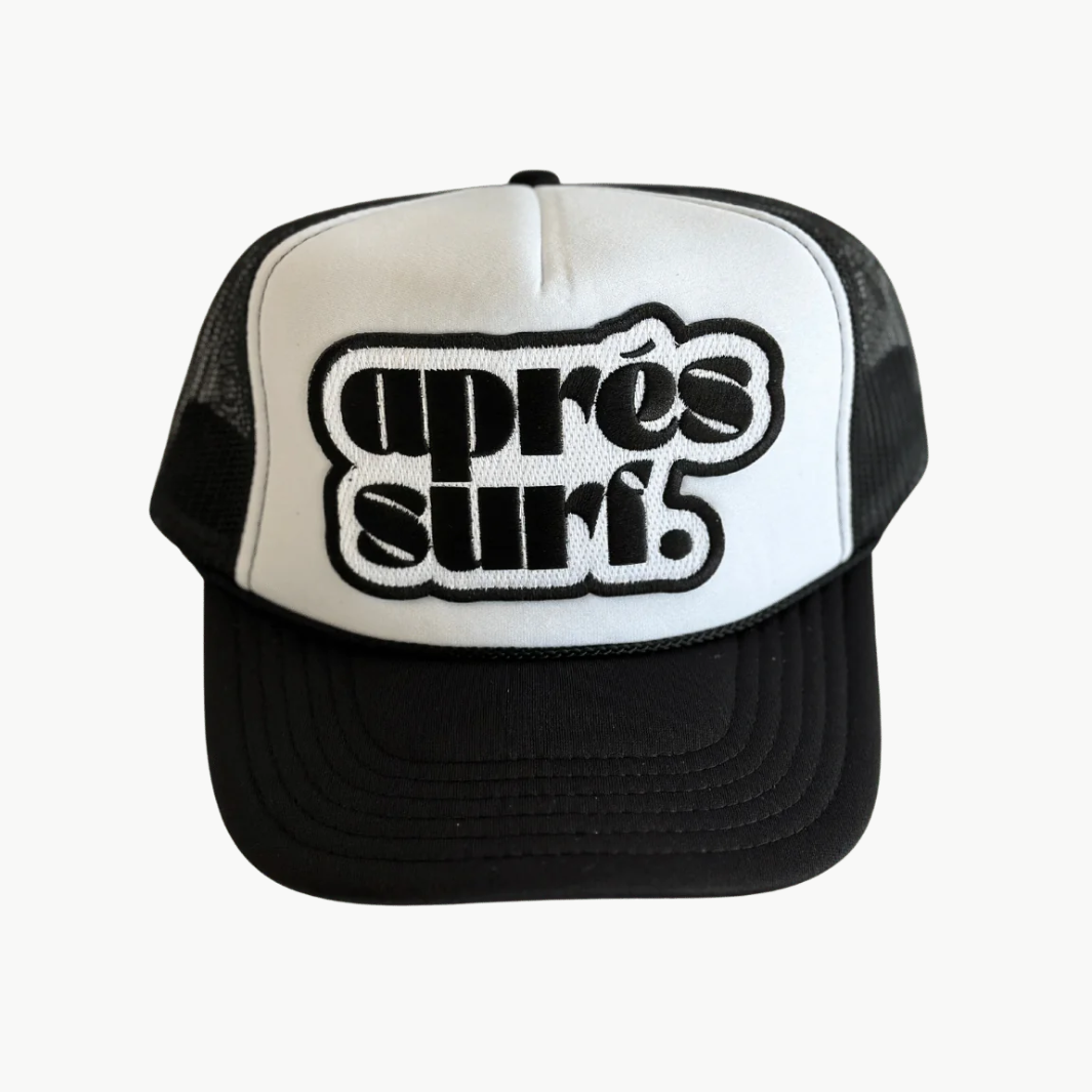 APRES SURF PATCH TRUCKER HAT IN BLACK/WHITE by Local Beach - Romi Boutique