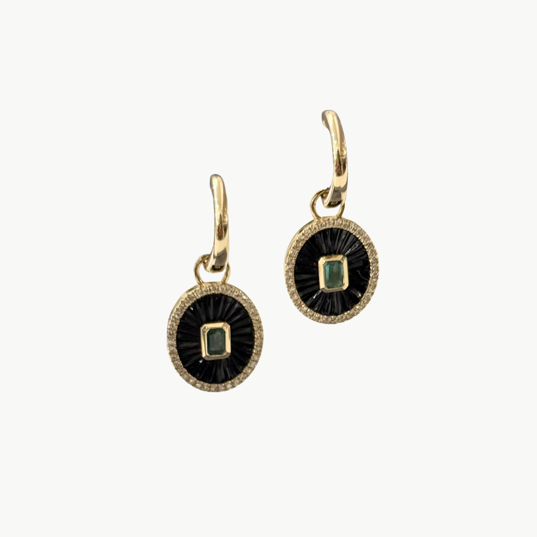 PENDANT HUGGIE IN 14K GOLD ONYX/EMERALD - Romi Boutique
