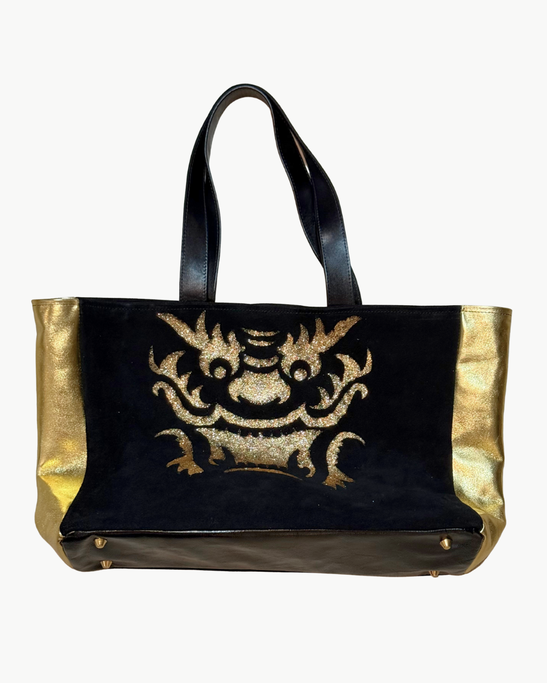 MAHJONG GAMER TOTE IN BLACK SUEDE/ GOLD LEATHER WITH SMOOTH SIDES - Romi Boutique