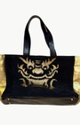 MAHJONG GAMER TOTE IN BLACK SUEDE/ GOLD LEATHER WITH SMOOTH SIDES - Romi Boutique