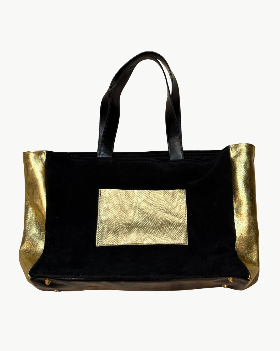 MAHJONG GAMER TOTE IN BLACK SUEDE/ GOLD LEATHER WITH SMOOTH SIDES - Romi Boutique