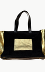 MAHJONG GAMER TOTE IN BLACK SUEDE/ GOLD LEATHER WITH SMOOTH SIDES - Romi Boutique