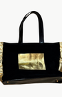 MAHJONG GAMER TOTE IN BLACK SUEDE/ GOLD LEATHER WITH TEXTURED SIDES - Romi Boutique