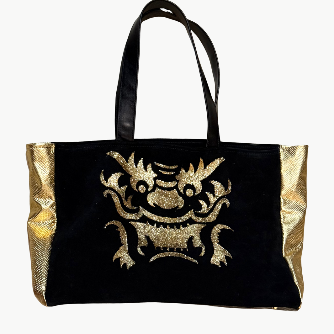 MAHJONG GAMER TOTE IN BLACK SUEDE/ GOLD LEATHER WITH TEXTURED SIDES by Lynn Tallerico - Romi Boutique